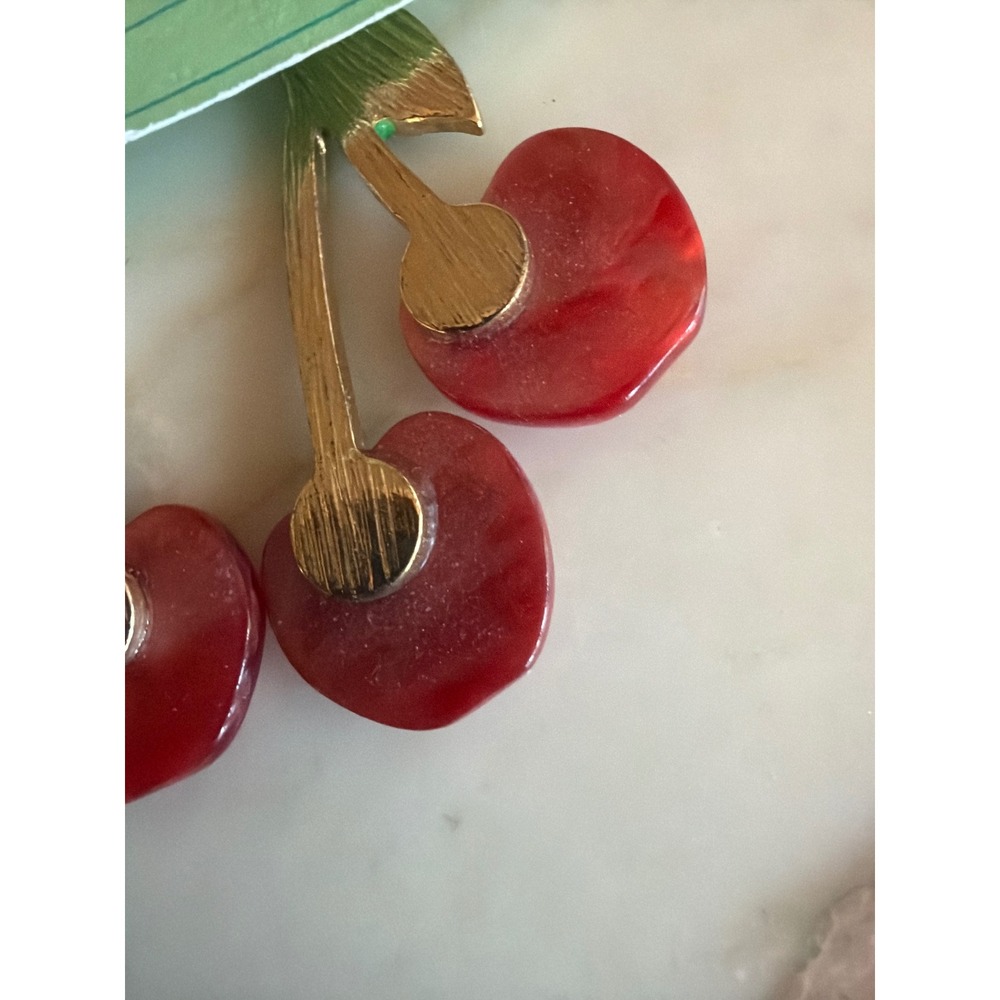 Drop Earrings Red Cherry Flower Stud Resin Enamel Whimsical Retro Style - Picture 4 of 4